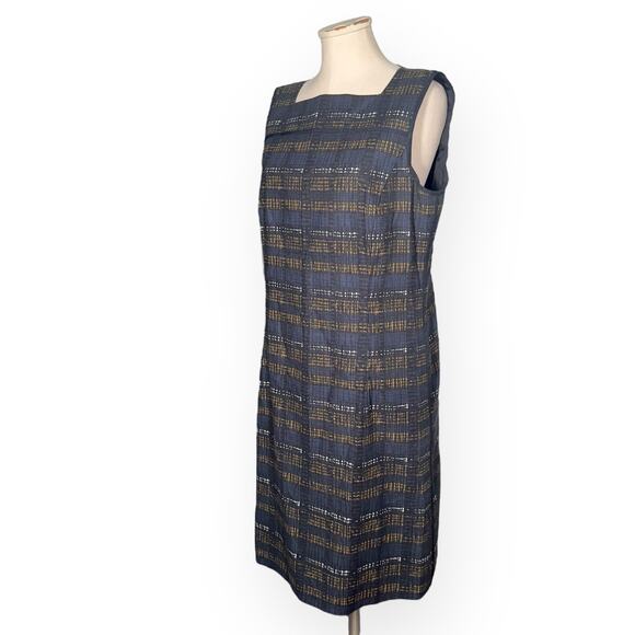 LAFAYETTE 148 NY Striped Sheath Knee Length Dress Gold Blue Career Sleeveless 12 - Picture 5 of 13